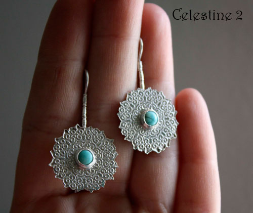 Célestine 2, boucles d’oreilles tribales orientales en argent et turquoise