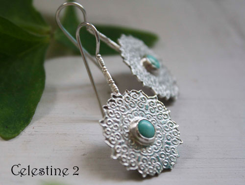 Célestine 2, boucles d’oreilles tribales orientales en argent et turquoise