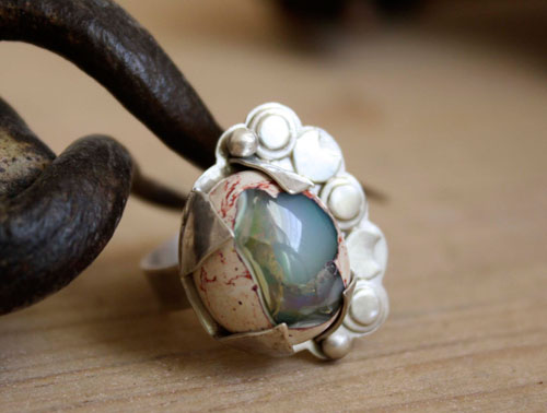 Nébuleuse, bague astronomie en argent et opale cantera mexicaine