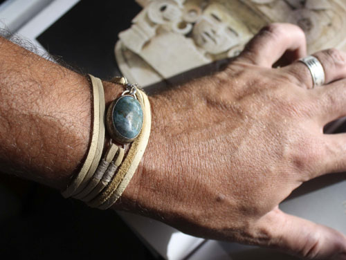 Poséidon, bracelet mer déchainée en argent, cuir et chrysocolle