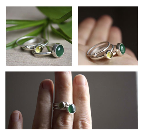 Thé vert d’Himalaya, bague empilable en argent, agate verte et péridot