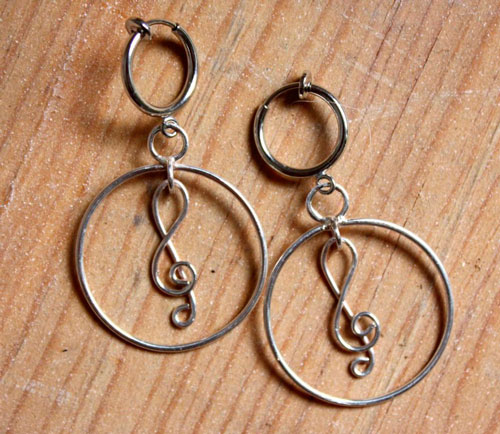 Clé de sol, boucles d’oreilles note de musique en argent