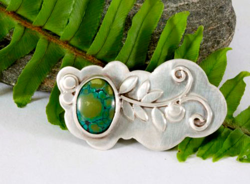 Ivy, broche lierre en argent et turquoise