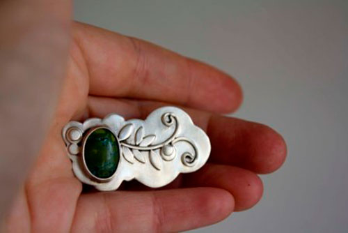 Ivy, broche lierre en argent et turquoise