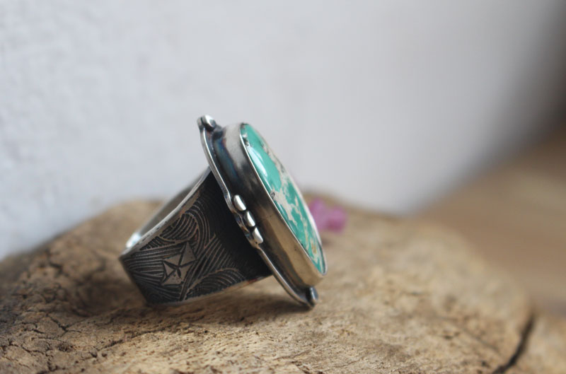 Se laisser porter, bague bateau origami en argent et turquoise Nevada