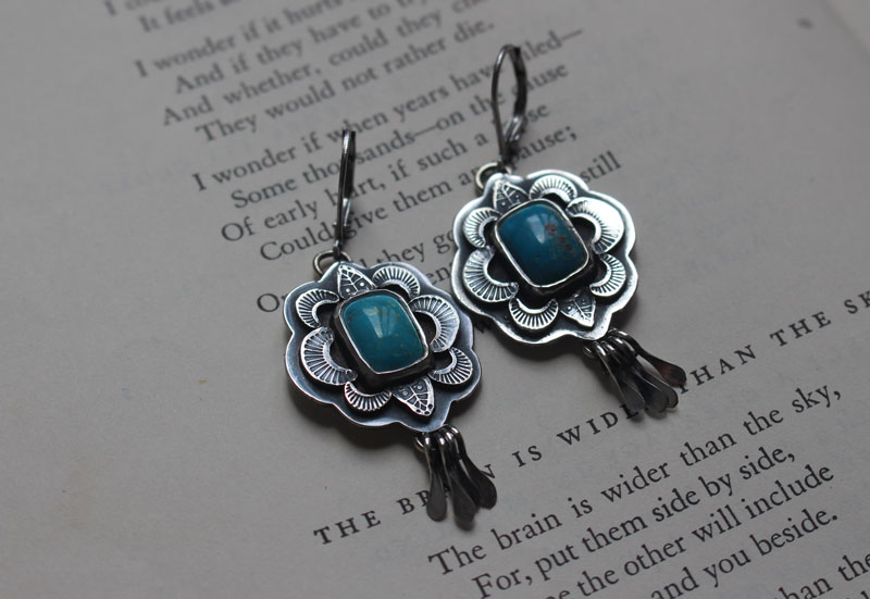 Solaire, boucles d’oreilles soleil bleu en argent et turquoise