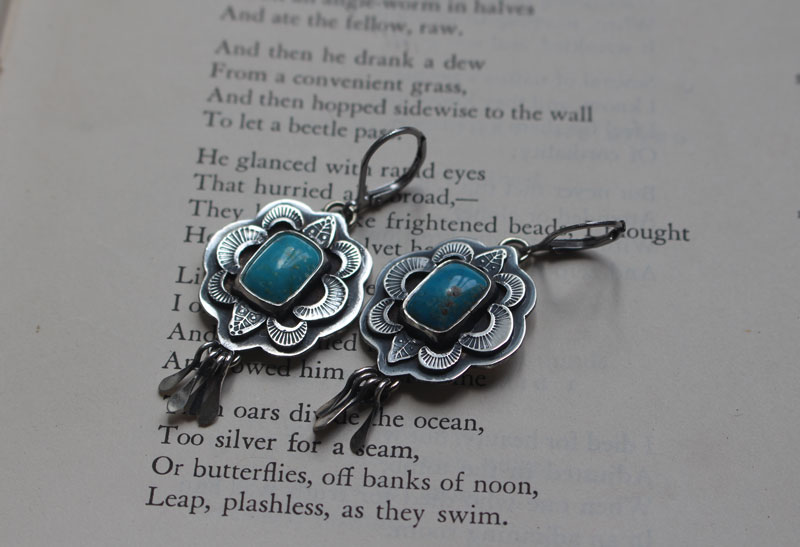 Solaire, boucles d’oreilles soleil bleu en argent et turquoise