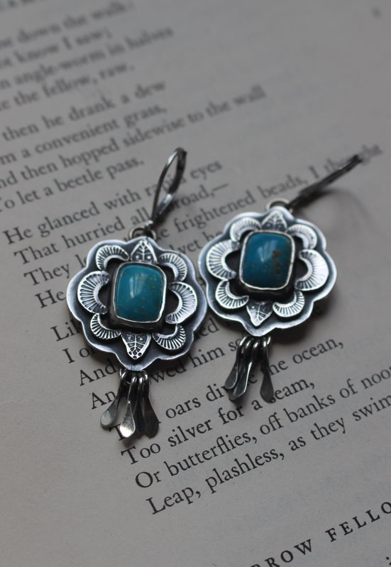 Solaire, boucles d’oreilles soleil bleu en argent et turquoise