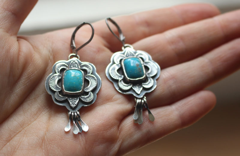 Solaire, boucles d’oreilles soleil bleu en argent et turquoise