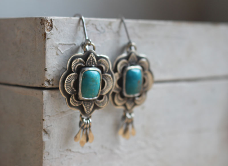 Solaire, boucles d’oreilles soleil bleu en argent et turquoise