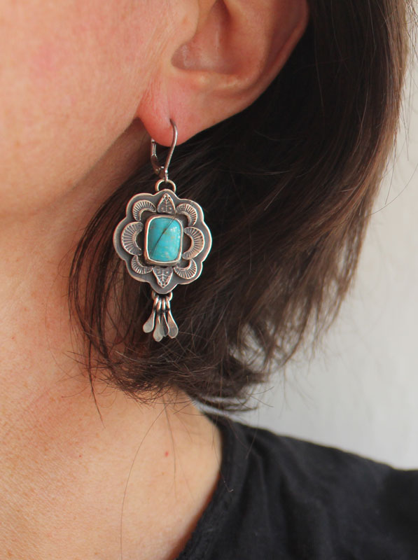 Solaire, boucles d’oreilles soleil bleu en argent et turquoise