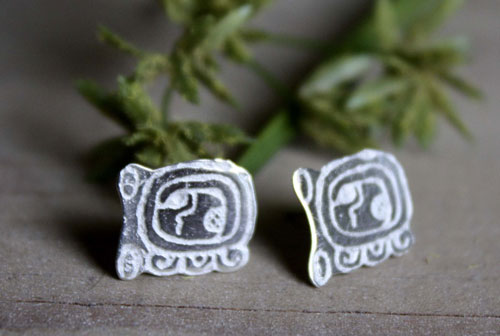 Tzolkin, boucles d’oreilles puces calendrier maya en argent