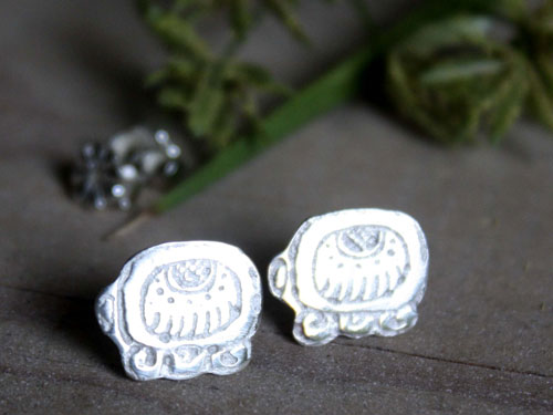 Tzolkin, boucles d’oreilles puces calendrier maya en argent