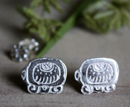 Tzolkin, boucles d’oreilles puces calendrier maya en argent